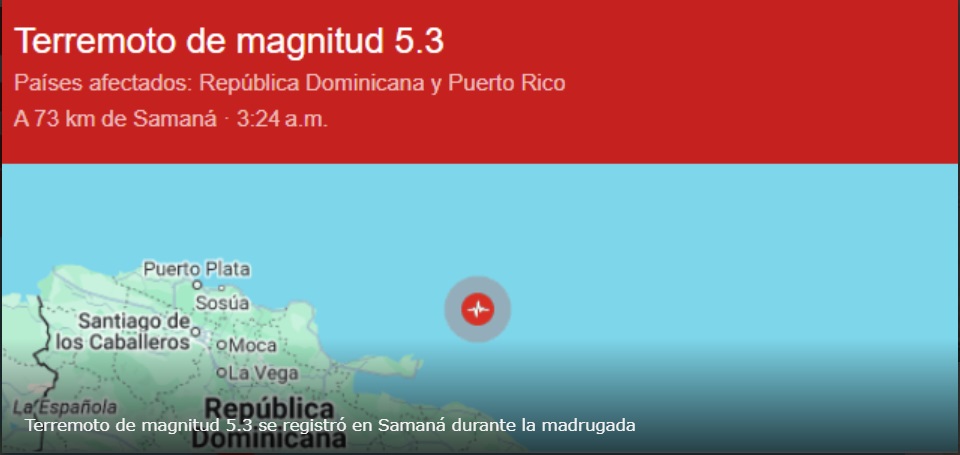 Terremoto de magnitud 5.3 se registró en Samaná durante la madrugada
