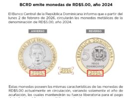 Banco Central emite moneta de RD$5.00, año 2024